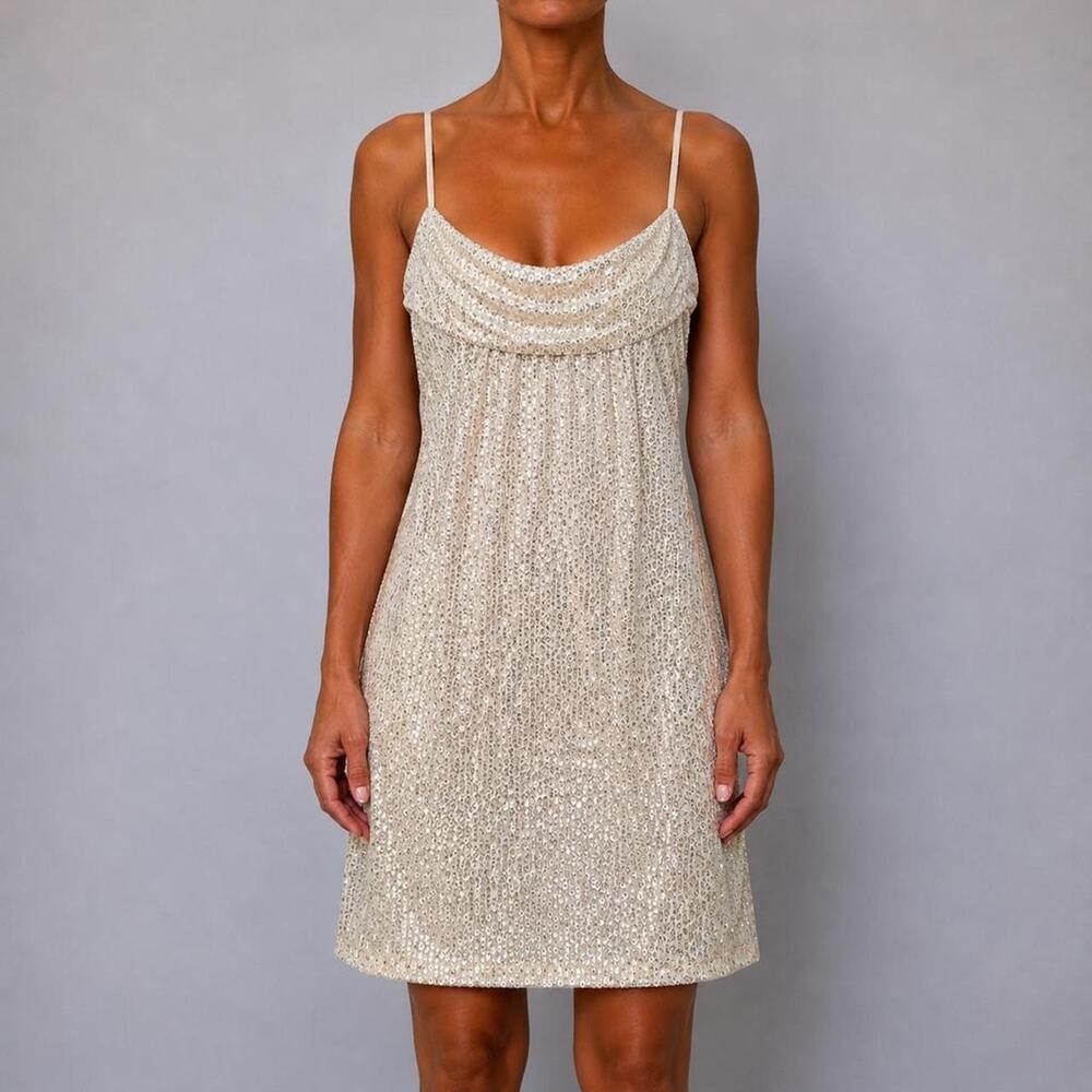 Vintage Y2K Bebe Champagne Sequin Mini Knee Length Dress Made In USA Size Large
